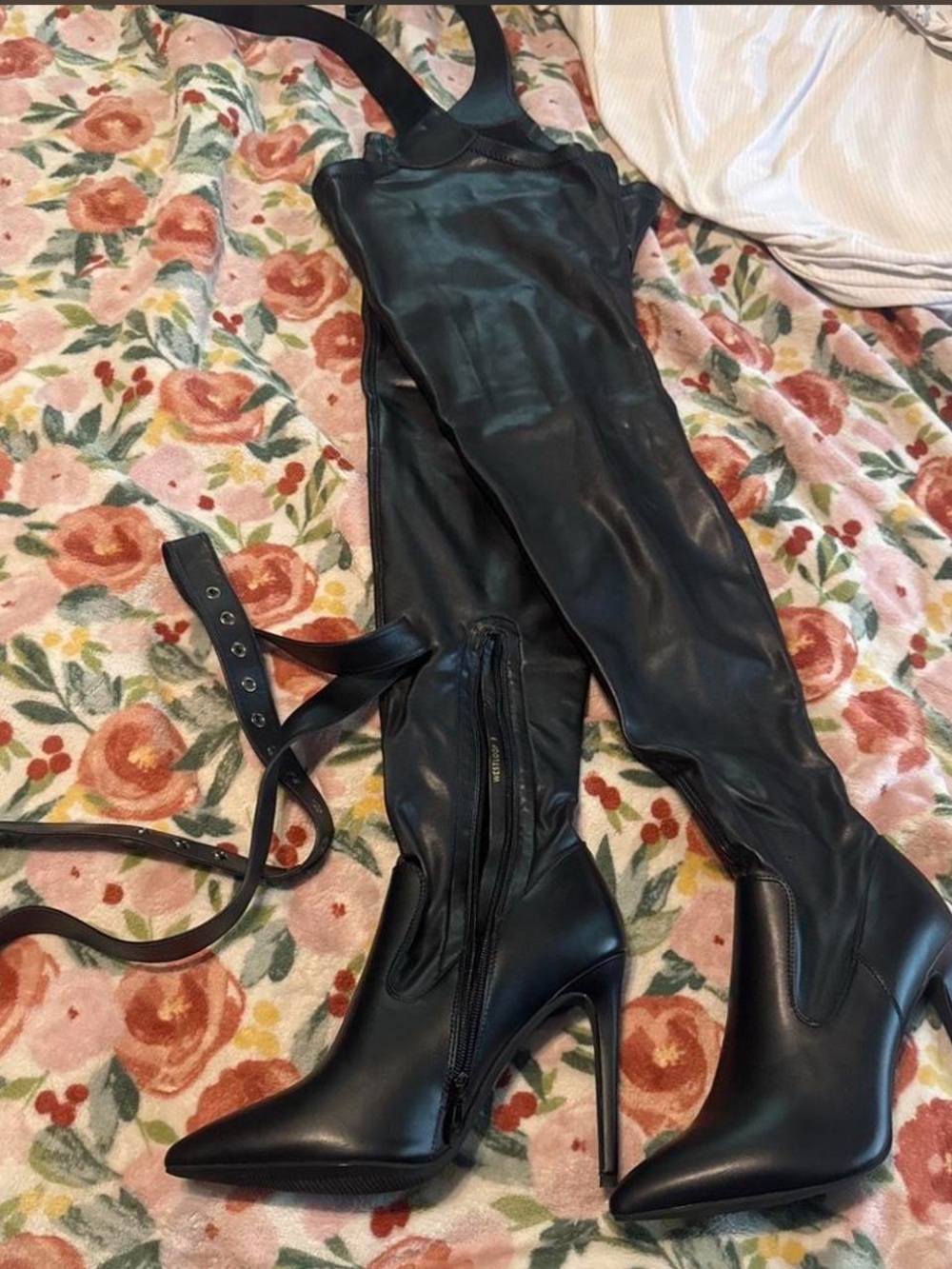 Over-the-Knee Black Stiletto Boots with Side Zip and Strap